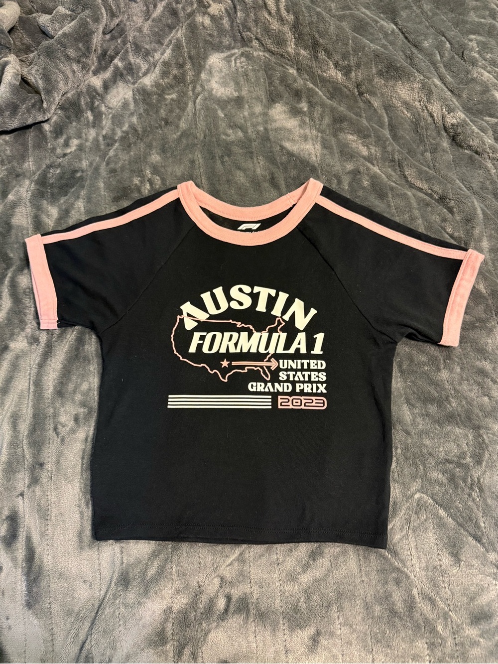 Black and Pink Austin Formula 1 Graphic Crop Tee